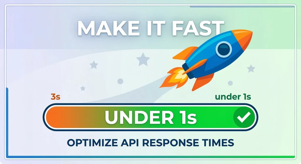 API response time optimization strategy showing speed improvement from 3 seconds to under 1 second