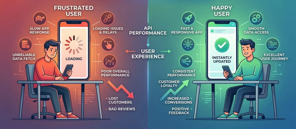 Comparison of poor vs good API user experience showing faster load times improving customer satisfaction