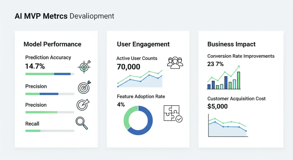 Critical success metrics for AI MVP development including model performance indicators