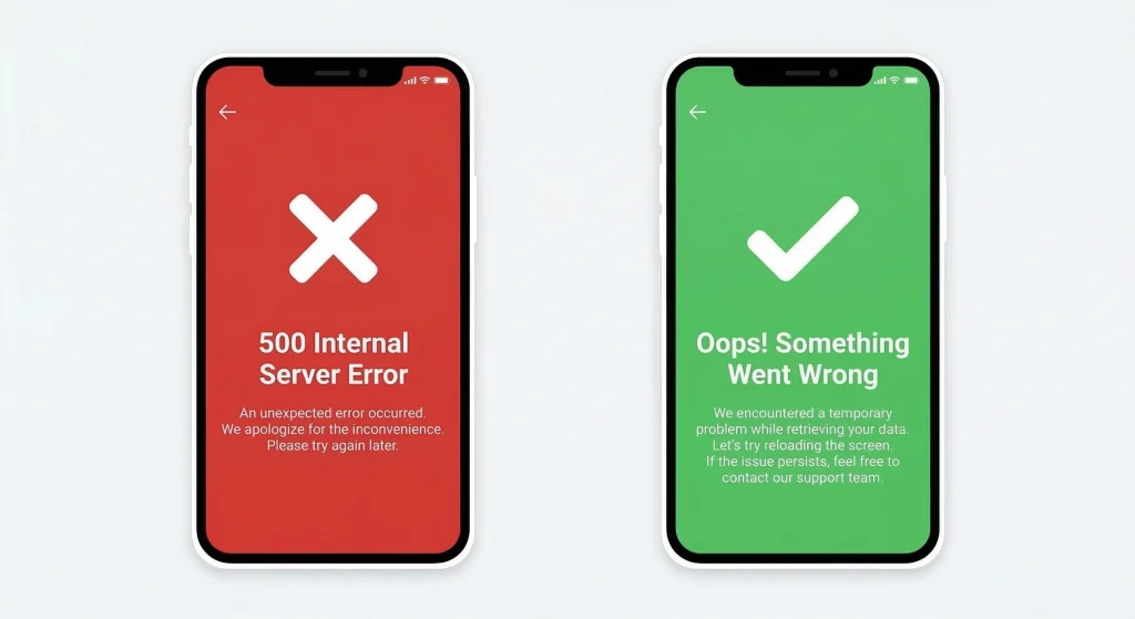 Good vs bad API error message design showing user-friendly error handling with next steps