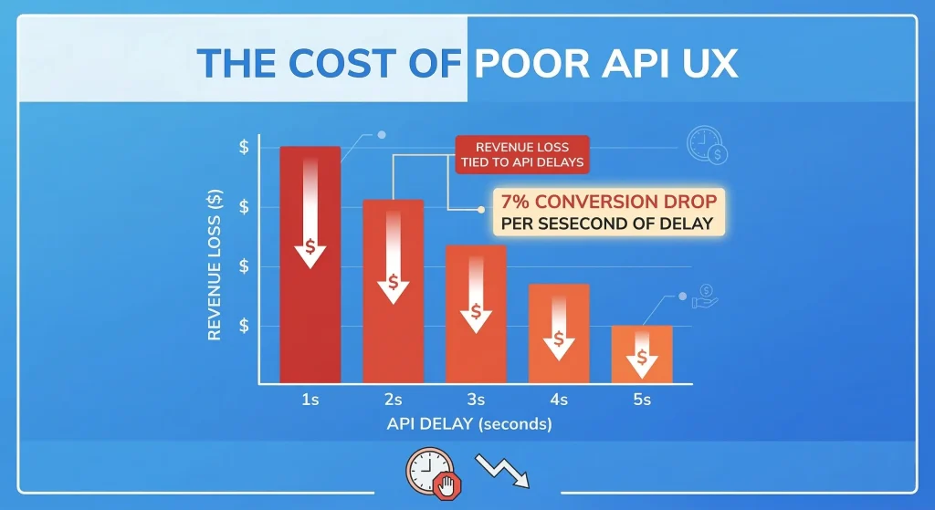Infographic showing revenue loss from poor API UX with 7% conversion drop per second of delay
