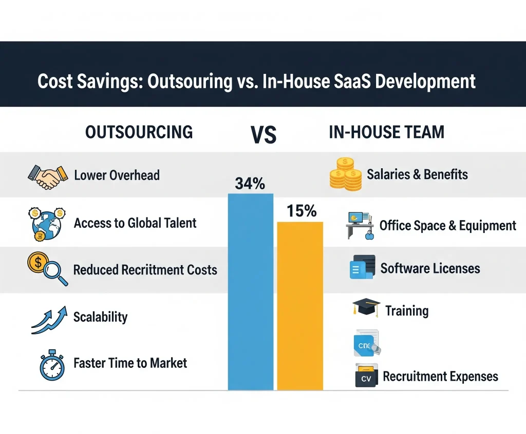 Cost savings comparison chart for outsourcing SaaS development vs in-house team